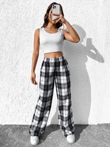 SHEIN EZwear 松紧腰格纹休闲阔腿裤 - 黑與白 - 查看 4