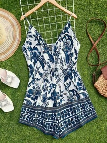 SHEIN VCAY Jumpsuits Plus Size Trọn gói Hoa Boho - Màu xanh hải quân - Xem 1