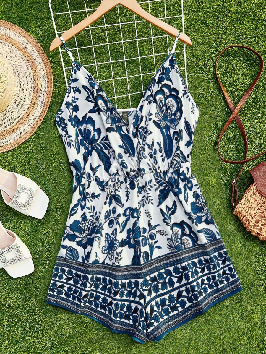 SHEIN VCAY Jumpsuits Plus Size Trọn gói Hoa Boho - Màu xanh hải quân - Xem 1