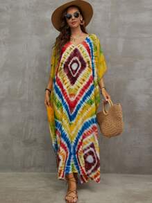 Tie Dye Batwing Sleeve Split Thigh Cover Up House Dress