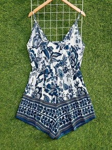 SHEIN VCAY Jumpsuits Plus Size Trọn gói Hoa Boho - Màu xanh hải quân - Xem 2