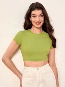 SHEIN BASICS Camiseta Corta Sólida Con Mangas Cortas En Forma De Tapa - Verde Oliva - Ver 1