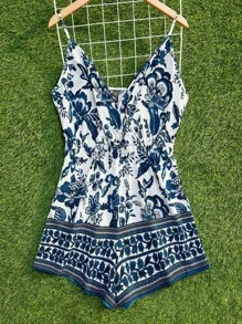 SHEIN VCAY Jumpsuits Plus Size Trọn gói Hoa Boho - Màu xanh hải quân - Xem 3