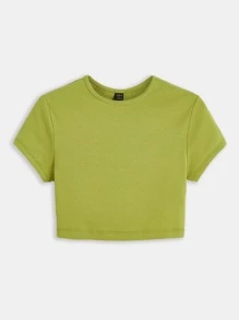 SHEIN BASICS Camiseta Corta Sólida Con Mangas Cortas En Forma De Tapa - Verde Oliva - Ver 6