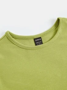 SHEIN BASICS Camiseta Corta Sólida Con Mangas Cortas En Forma De Tapa - Verde Oliva - Ver 7