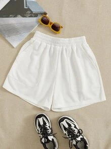 Muchica Solid Slant Pockets Shorts - White - View 1