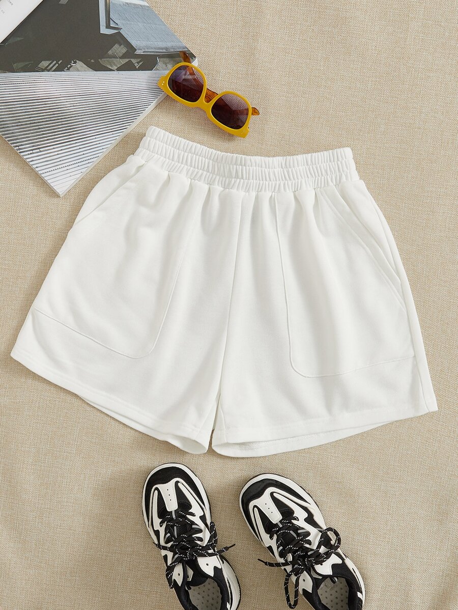 Muchica Solid Slant Pockets Shorts - White - View 1