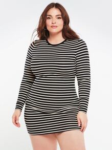 SHEIN BASICS Plus Striped Print Bodycon Dress - Black and White - View 1