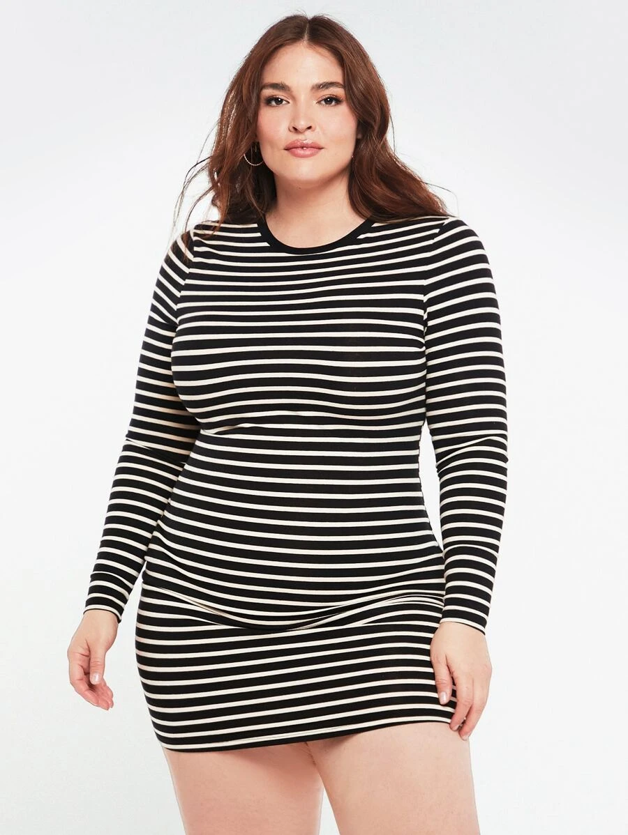 SHEIN BASICS Plus Striped Print Bodycon Dress - Black and White - View 1