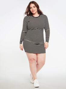 SHEIN BASICS Plus Striped Print Bodycon Dress - Black and White - View 3