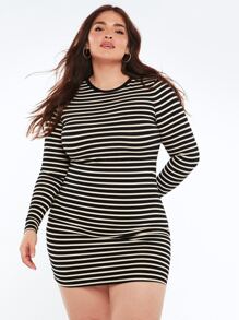 SHEIN BASICS Plus Striped Print Bodycon Dress - Black and White - View 5