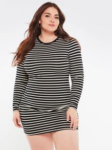 SHEIN BASICS Plus Striped Print Bodycon Dress - Black and White - View 6