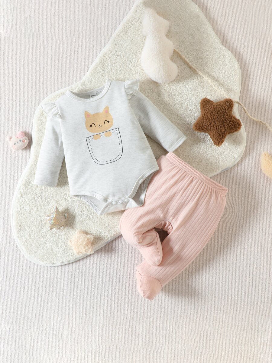 Bebé con estampado de dibujos animados ribete con fruncido Body & de pie Pantalones de dormir - Multicolor - Ver 1