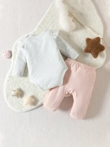 Bebé con estampado de dibujos animados ribete con fruncido Body & de pie Pantalones de dormir - Multicolor - Ver 2
