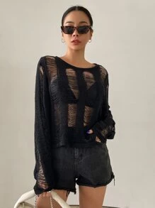 DAZY Solid Ripped Open Stitch Detail Jumper - Black - View 2