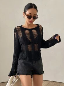 DAZY Solid Ripped Open Stitch Detail Jumper - Black - View 3