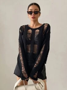 DAZY Solid Ripped Open Stitch Detail Jumper - Black - View 7