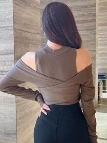 Áo thun nữ Cắt ra màu trơn Giải trí - Cà phê nâu - Xem 2
