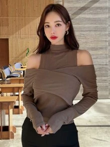 Áo thun nữ Cắt ra màu trơn Giải trí - Cà phê nâu - Xem 5