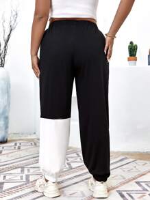 Flirla Plus Letter Graphic Elastic Waist Joggers - Black and White - View 2