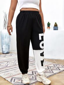 Flirla Plus Letter Graphic Elastic Waist Joggers - Black and White - View 1