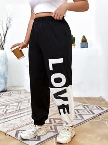 Flirla Plus Letter Graphic Elastic Waist Joggers - Black and White - View 4