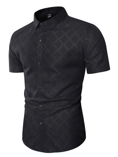 Manfinity Mode Men Argyle Jacquard Casual Short Sleeve Dress Shirt, For Business, Work, Men's Black Short Sleeve Shirt