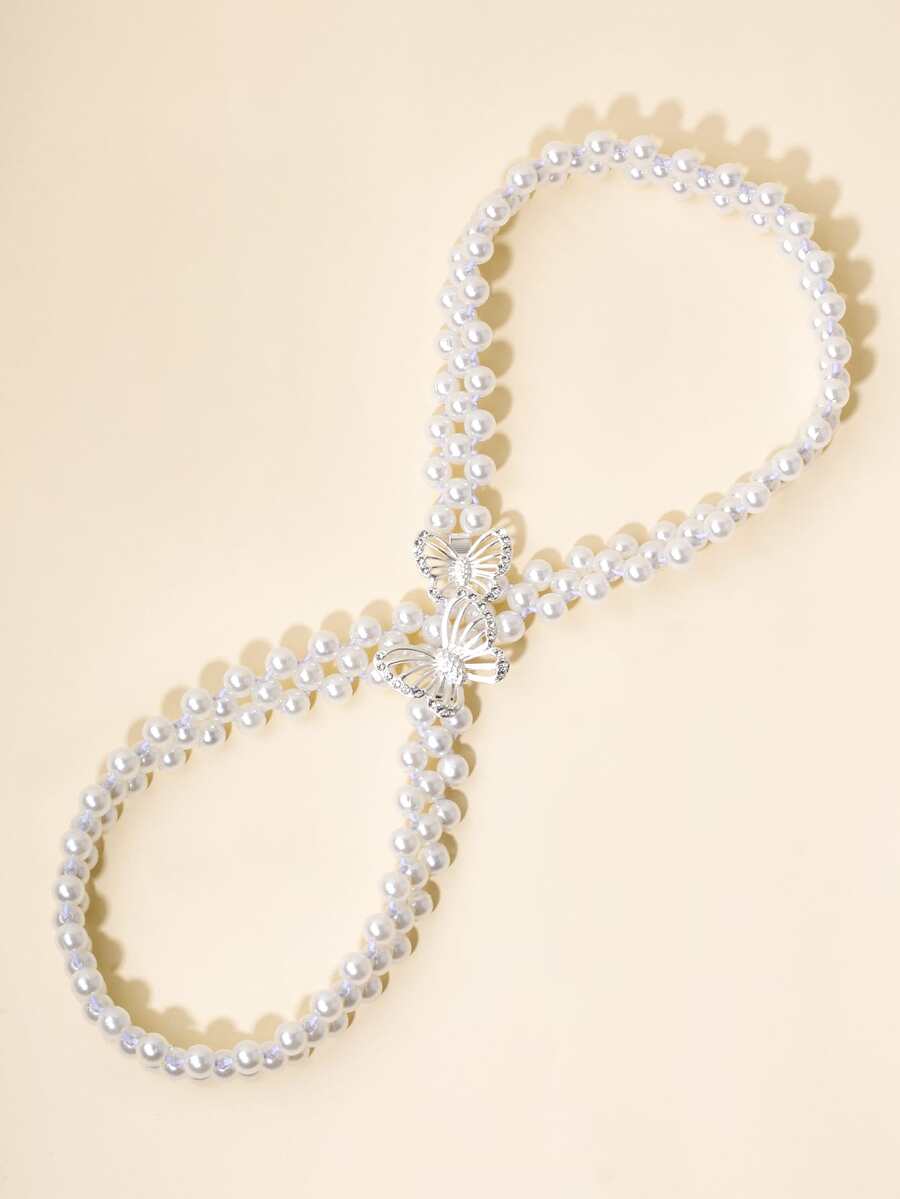 人造珍珠裝飾皮帶 - 米色 - 查看 1