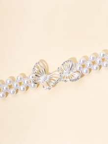 人造珍珠裝飾皮帶 - 米色 - 查看 2