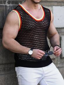 Manfinity Men Striped Trim Pointelle Knit Top - Black - View 3