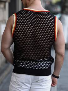 Manfinity Men Striped Trim Pointelle Knit Top - Black - View 2