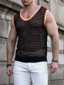 Manfinity Men Striped Trim Pointelle Knit Top - Black - View 1