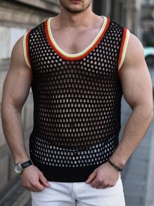 Manfinity Men Striped Trim Pointelle Knit Top - Black - View 5