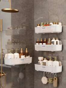 1pc Plastic Storage Basket, Punch-free Wall Mounted Storage Rack For Bathroom - White - View 1