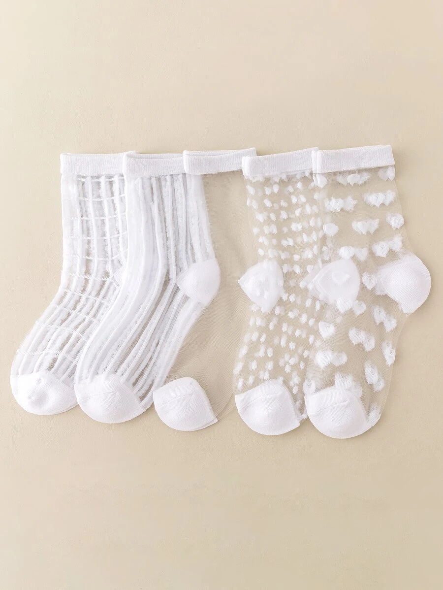 5雙小女童愛心圖案中筒襪 - 白色 - 查看 1