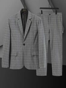 Manfinity Men Plaid Single Button Blazer & Suit Trousers - Grey - View 1
