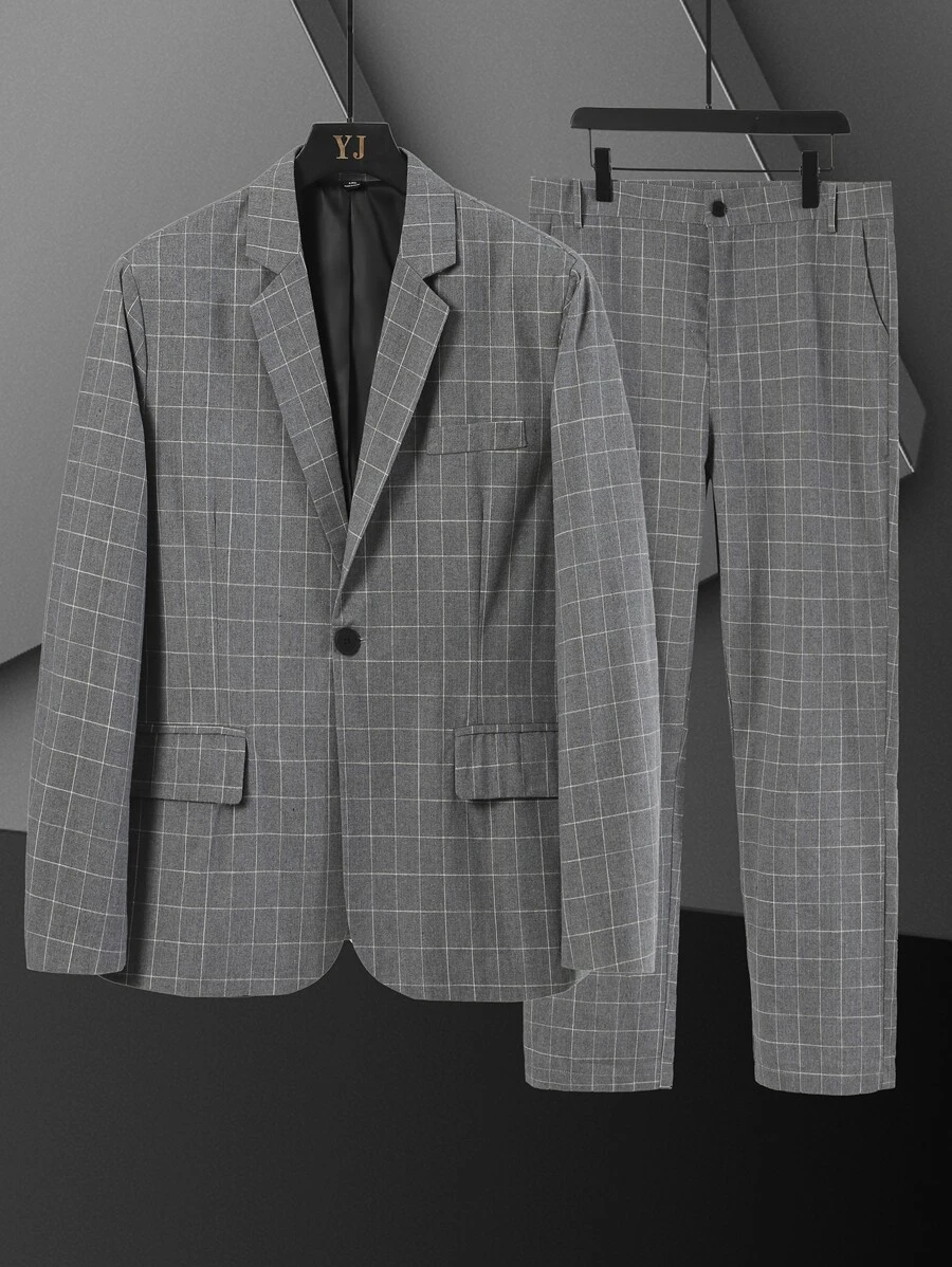 Manfinity Men Plaid Single Button Blazer & Suit Trousers - Grey - View 1