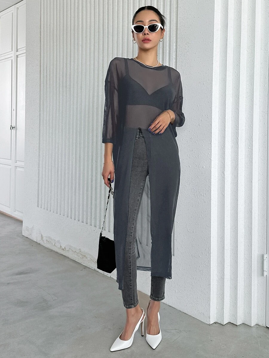 DAZY Áo nữ cắt Chia màu trơn Gợi cảm - Màu xám đen - Xem 1