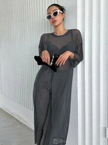 DAZY Áo nữ cắt Chia màu trơn Gợi cảm - Màu xám đen - Xem 4
