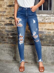 High Waist Ripped Raw Hem Ripped Skinny Jeans