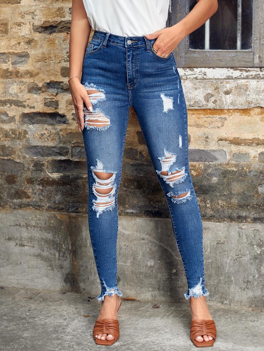 High Waist Ripped Raw Hem Ripped Skinny Jeans