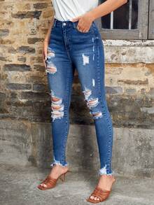 High Waist Ripped Raw Hem Ripped Skinny Jeans