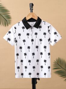 Boys Coconut Tree Print Contrast Collar Polo Shirt - White - View 1