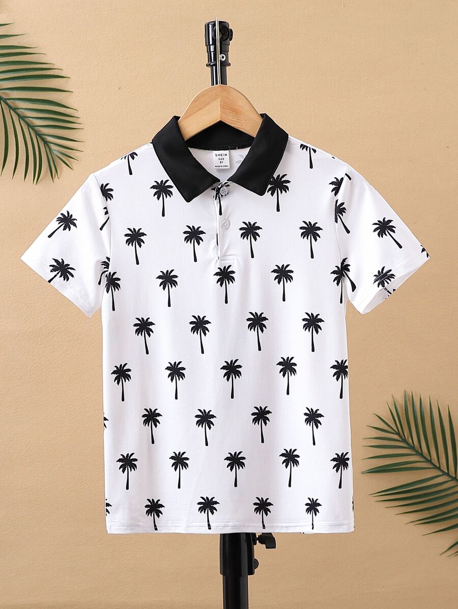 Boys Coconut Tree Print Contrast Collar Polo Shirt - White - View 1