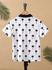 Boys Coconut Tree Print Contrast Collar Polo Shirt - White - View 2