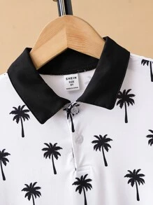 Boys Coconut Tree Print Contrast Collar Polo Shirt - White - View 5