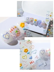 1張卡通熊心花美甲貼紙可愛元素美甲裝飾包裹美甲鋁箔美甲貼花