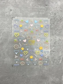 1張卡通熊心花美甲貼紙可愛元素美甲裝飾包裹美甲鋁箔美甲貼花