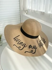 Alphabet Pattern Wide Brim Straw Hat Boho - Khaki - View 1