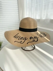 Alphabet Pattern Wide Brim Straw Hat Boho - Khaki - View 2